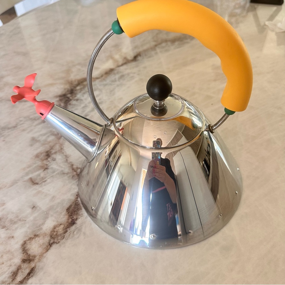 Alessi Silver Kettle with Yellow Handle and Red Spout